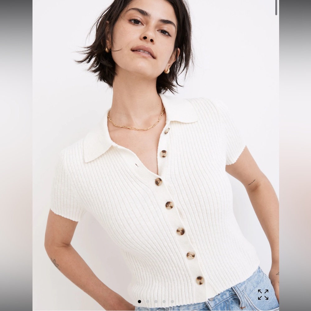 Madewell Ivory Ribbed Short-Sleeve Polo Button-Up Top